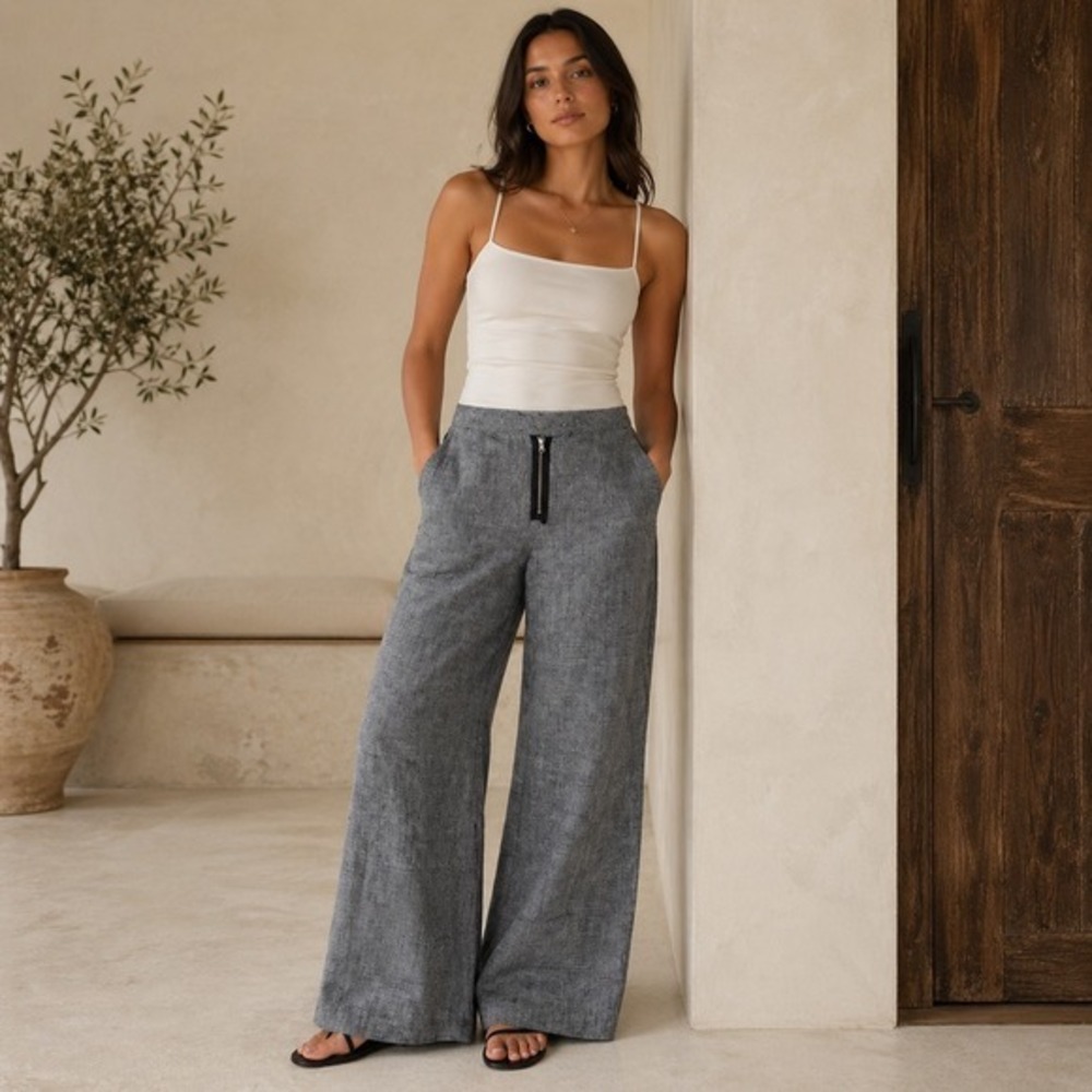 Reformation Houndstooth Wide Leg Pants Womens‎ 2 Black White Linen High Rise Zip
